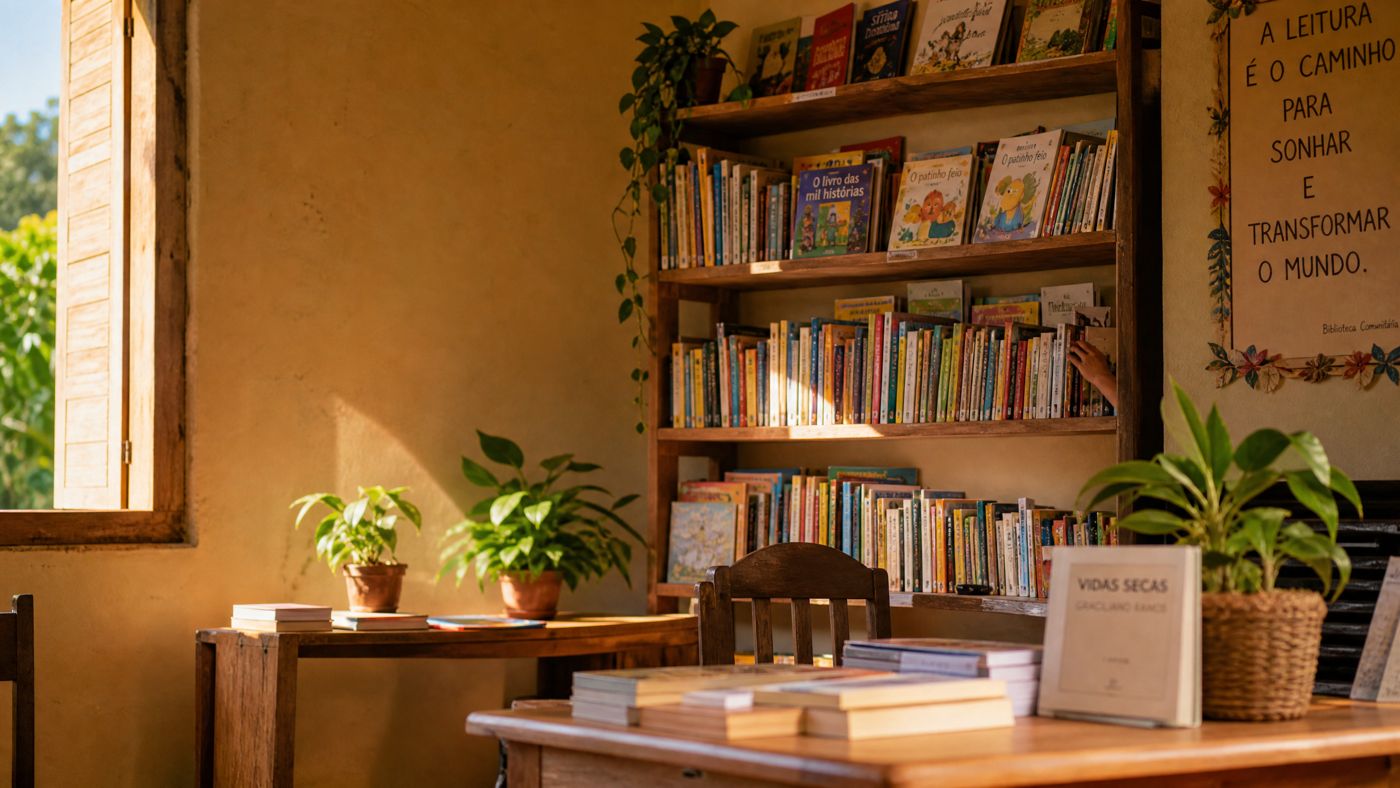 Estante de livros da Biblioteca Solidária